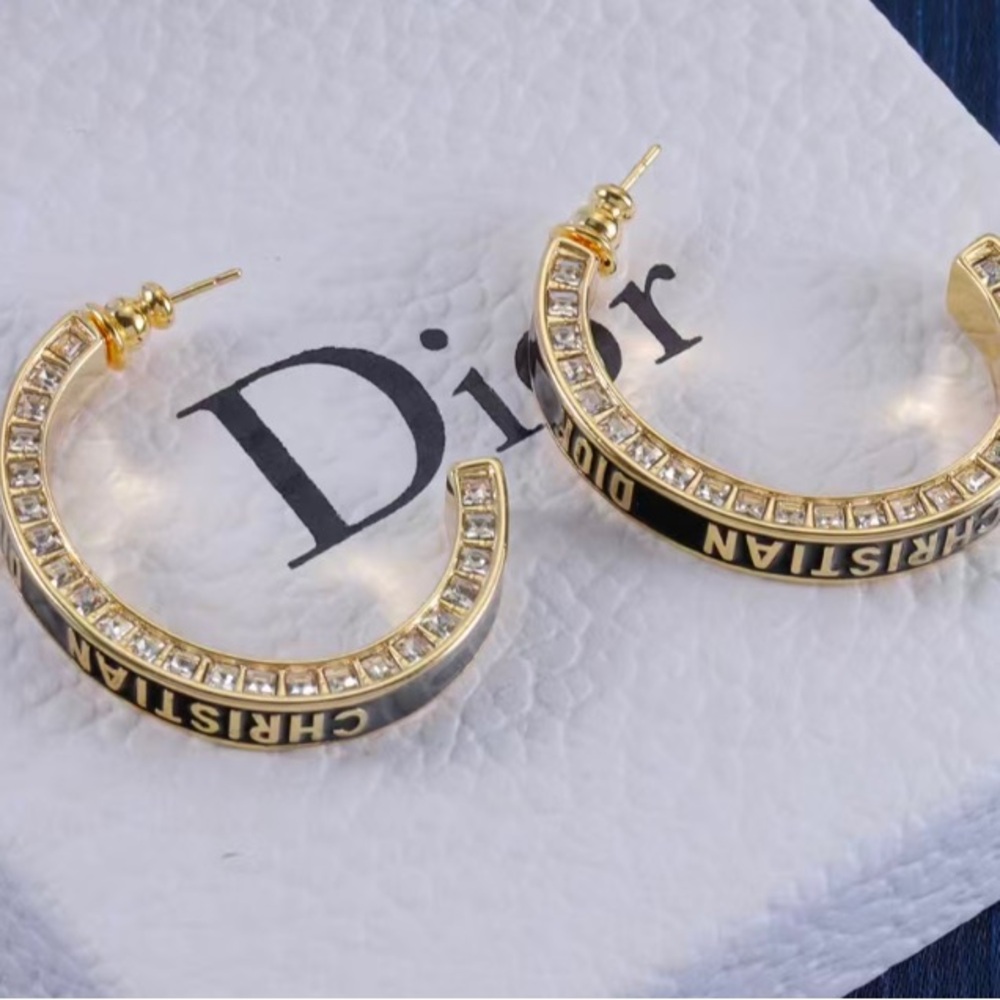 Dior Gold and Black Crystal Hoop Earrings